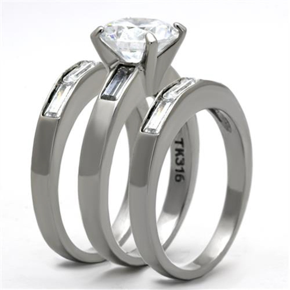 ARTK1436 Stainless Steel 4.35 Ct Cubic Zirconia engagement Wedding Ring 3 PC Set Sz 5-10